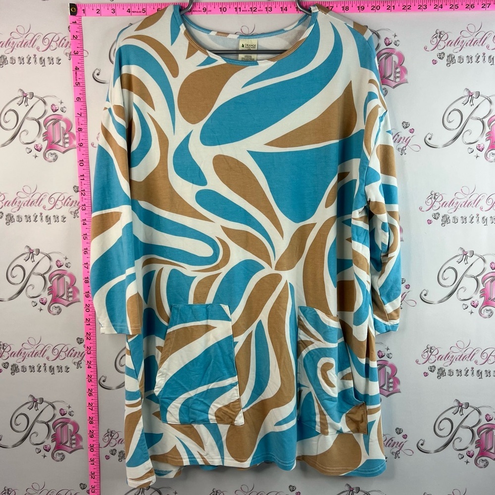 Orange almost naked shirt Relaxed Wave-Print bamboo Top — Teal, Cream & Camel